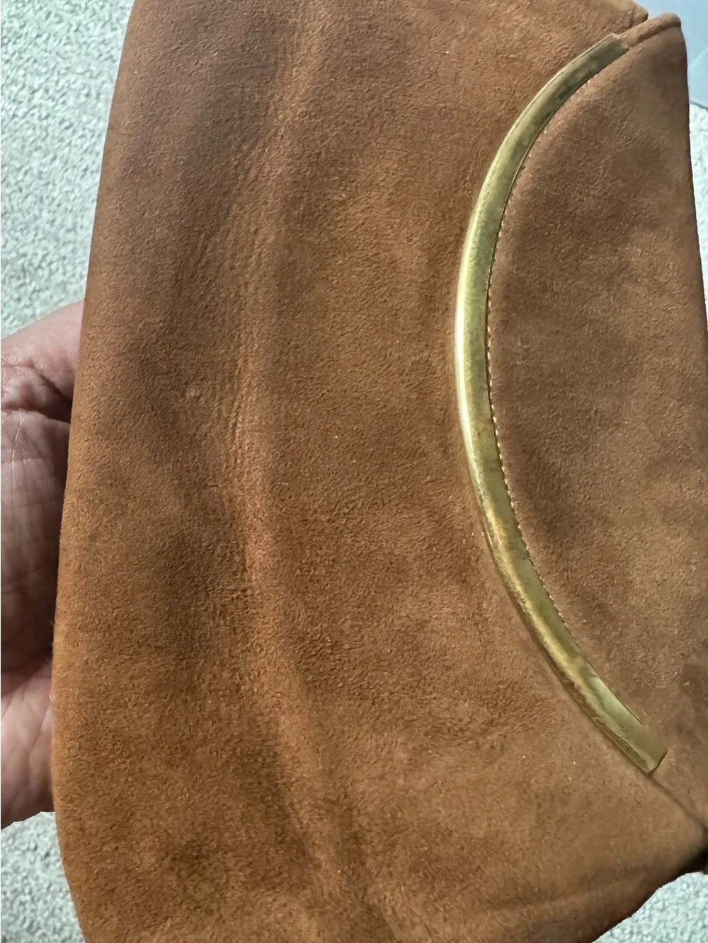 Vintage Brown Suede Envelope Clutch Handbag Gold Tone Accent Bar Metal Clasp